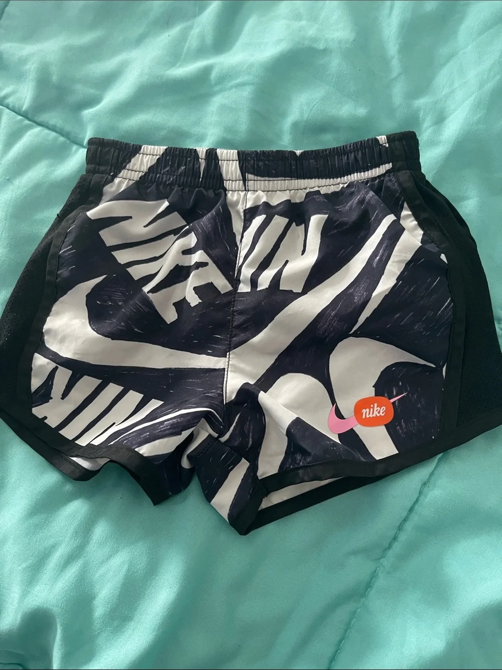 Nike Kids Black & White Graphic Swim Trunks with Pink Logo